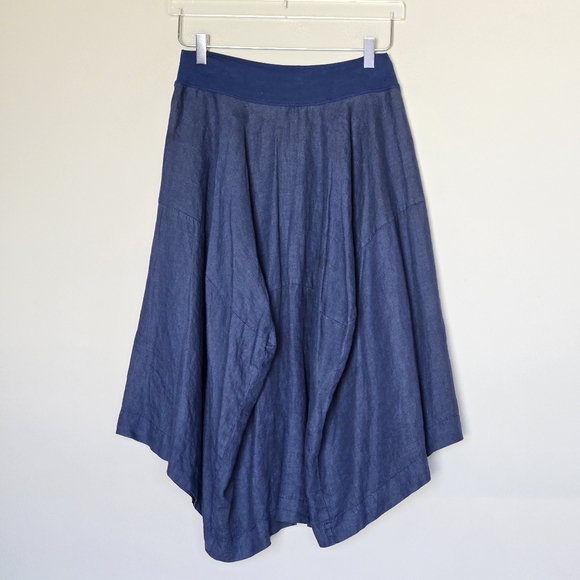 European Culture Linen Lagenlook Pull-on Navy Midi Asymmetrical Boho Skirt Small - Picture 7 of 11